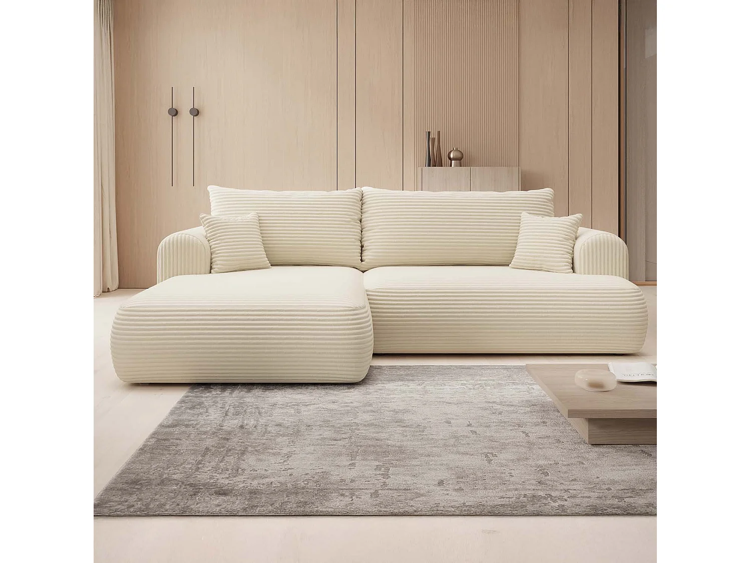 Canapé d'angle gauche convertible Velaro velours côtelé Beige