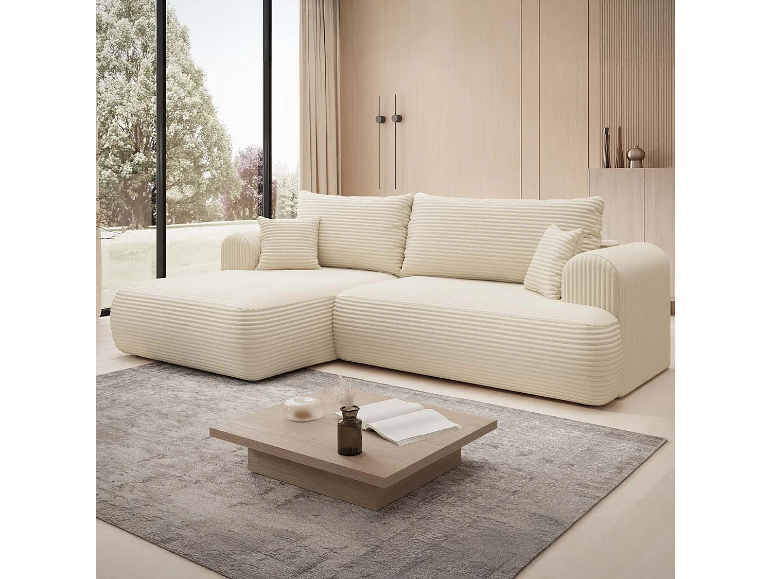 Canapé d'angle gauche convertible Velaro velours côtelé Beige