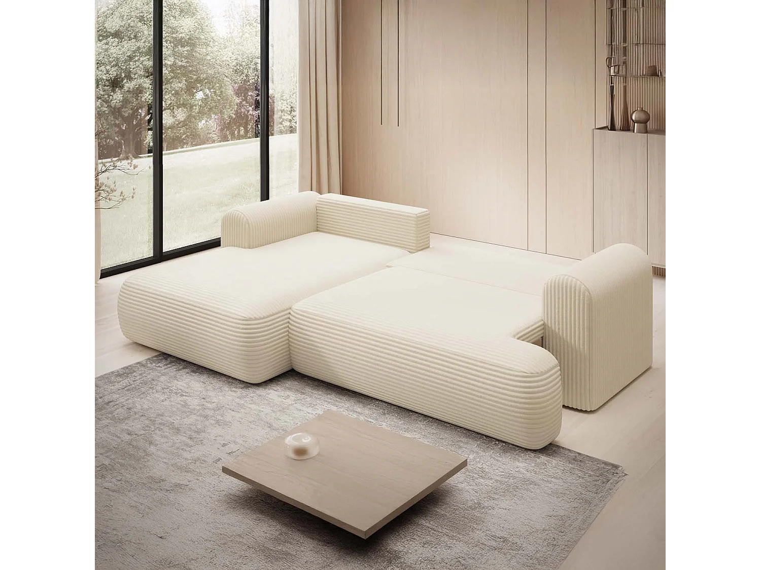 Canapé d'angle gauche convertible Velaro velours côtelé Beige