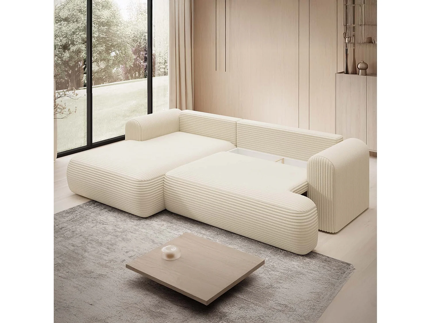 Canapé d'angle gauche convertible Velaro velours côtelé Beige