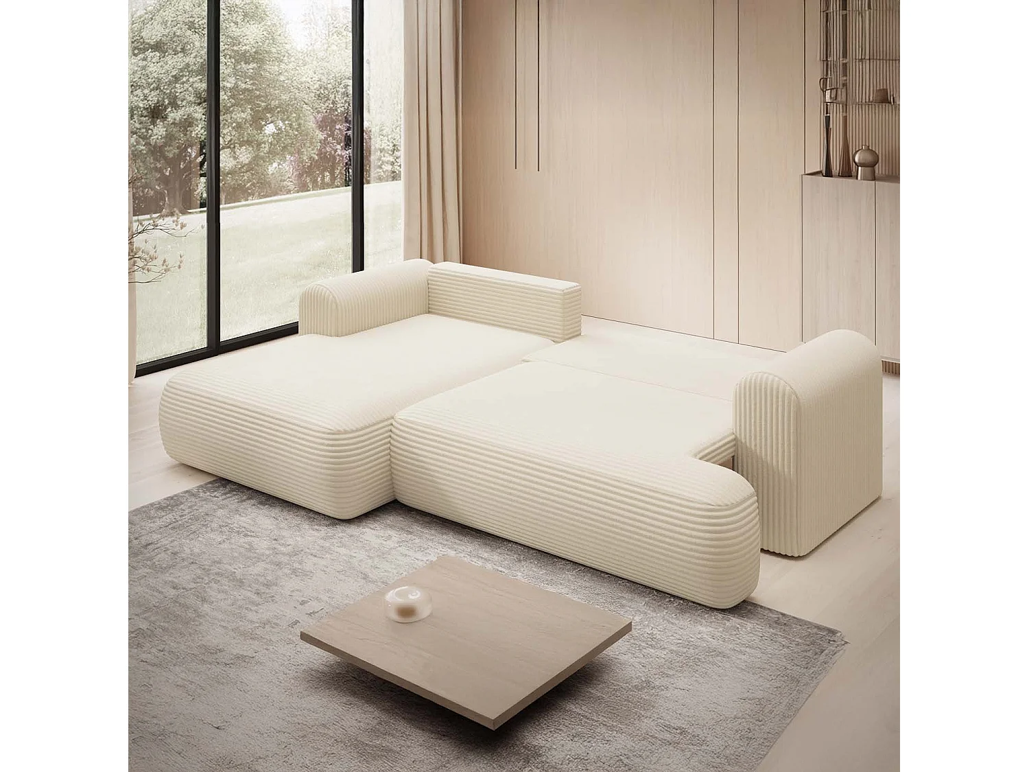 Canapé d'angle gauche convertible Velaro velours côtelé Beige
