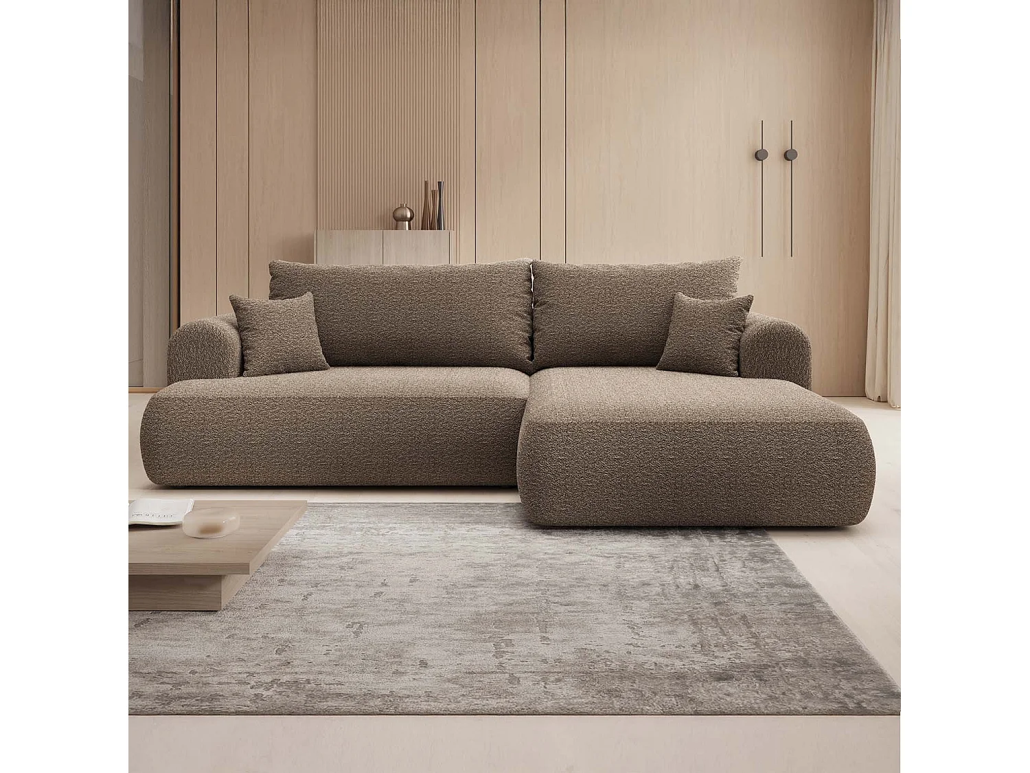 Canapé d'angle droit convertible Velaro Bouclette Taupe