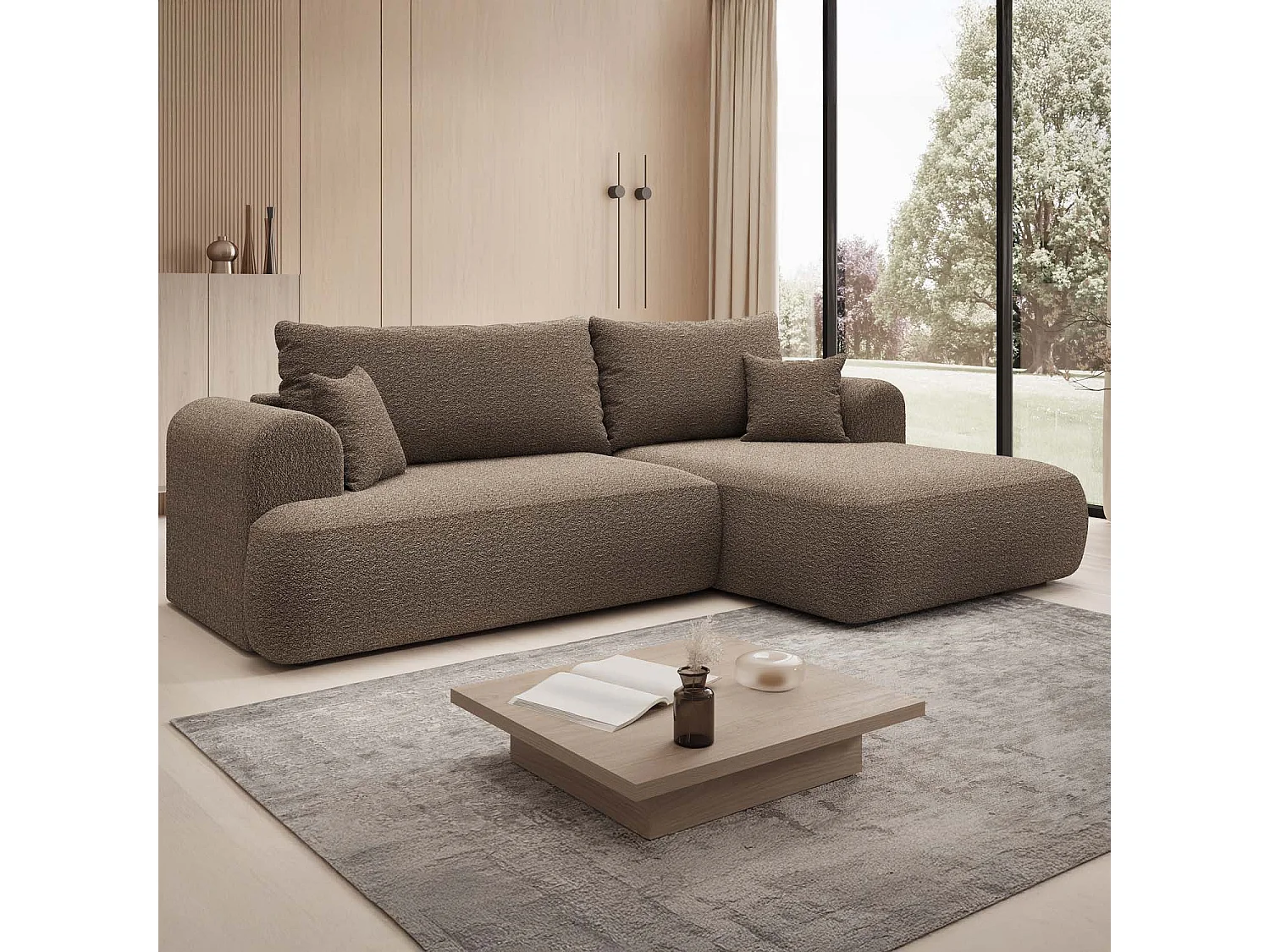 Canapé d'angle droit convertible Velaro Bouclette Taupe