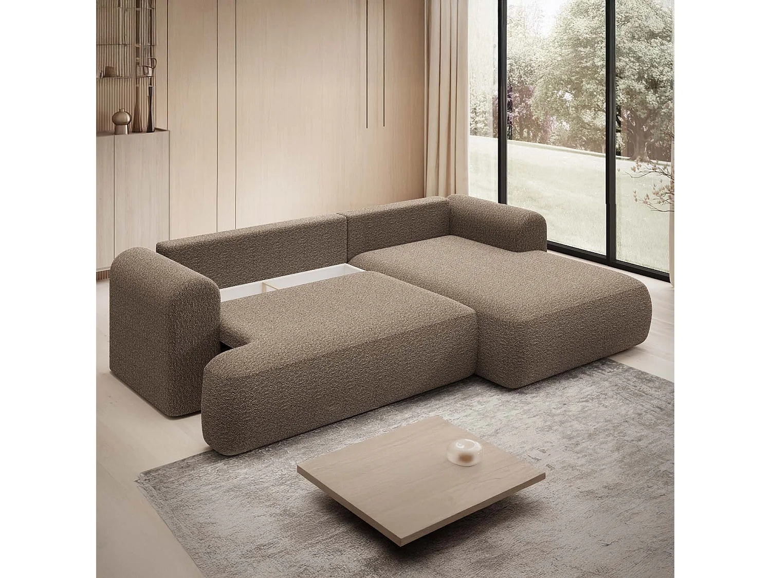 Canapé d'angle droit convertible Velaro Bouclette Taupe