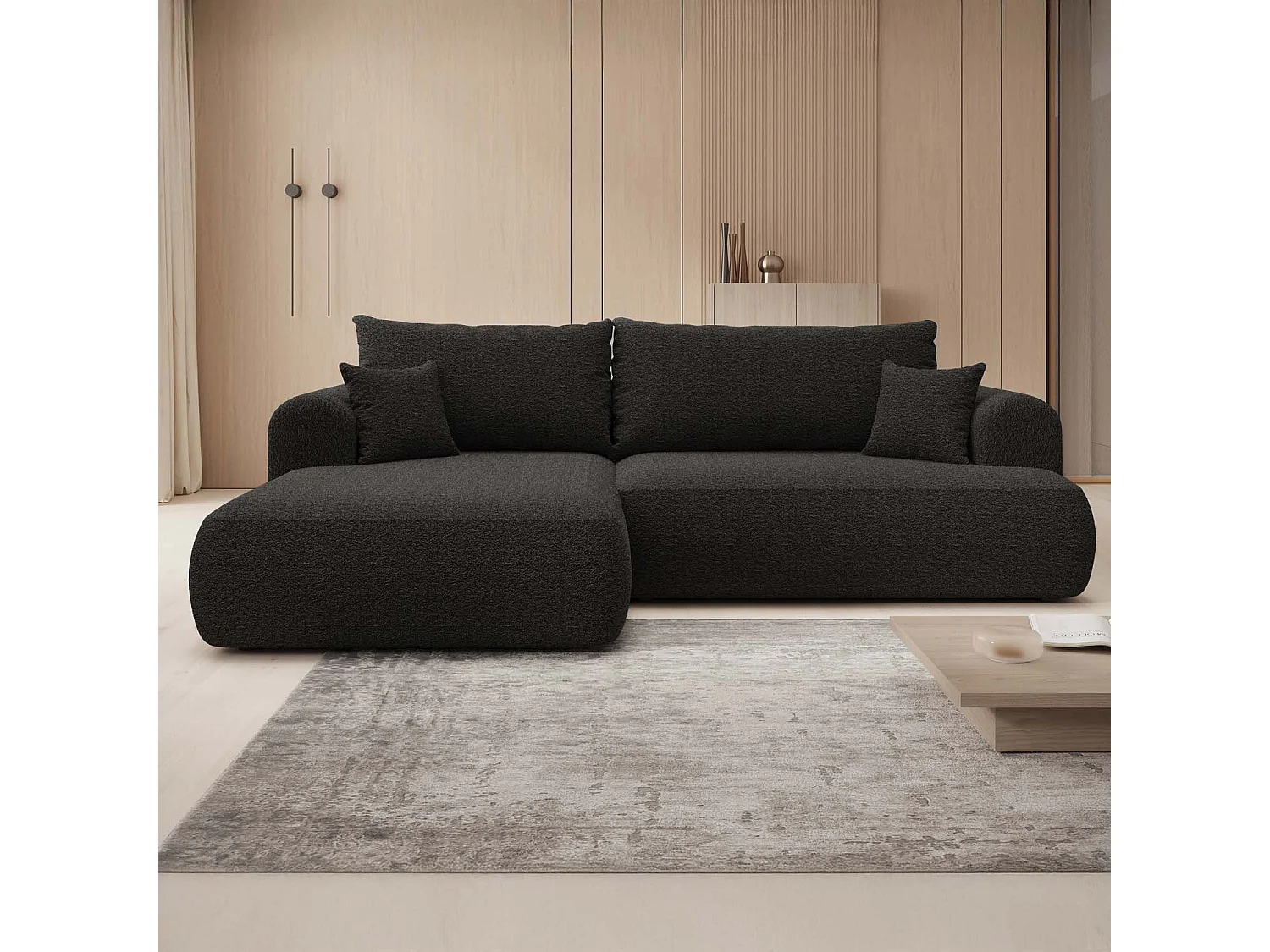 Canapé d'angle gauche convertible Velaro Bouclette Noir