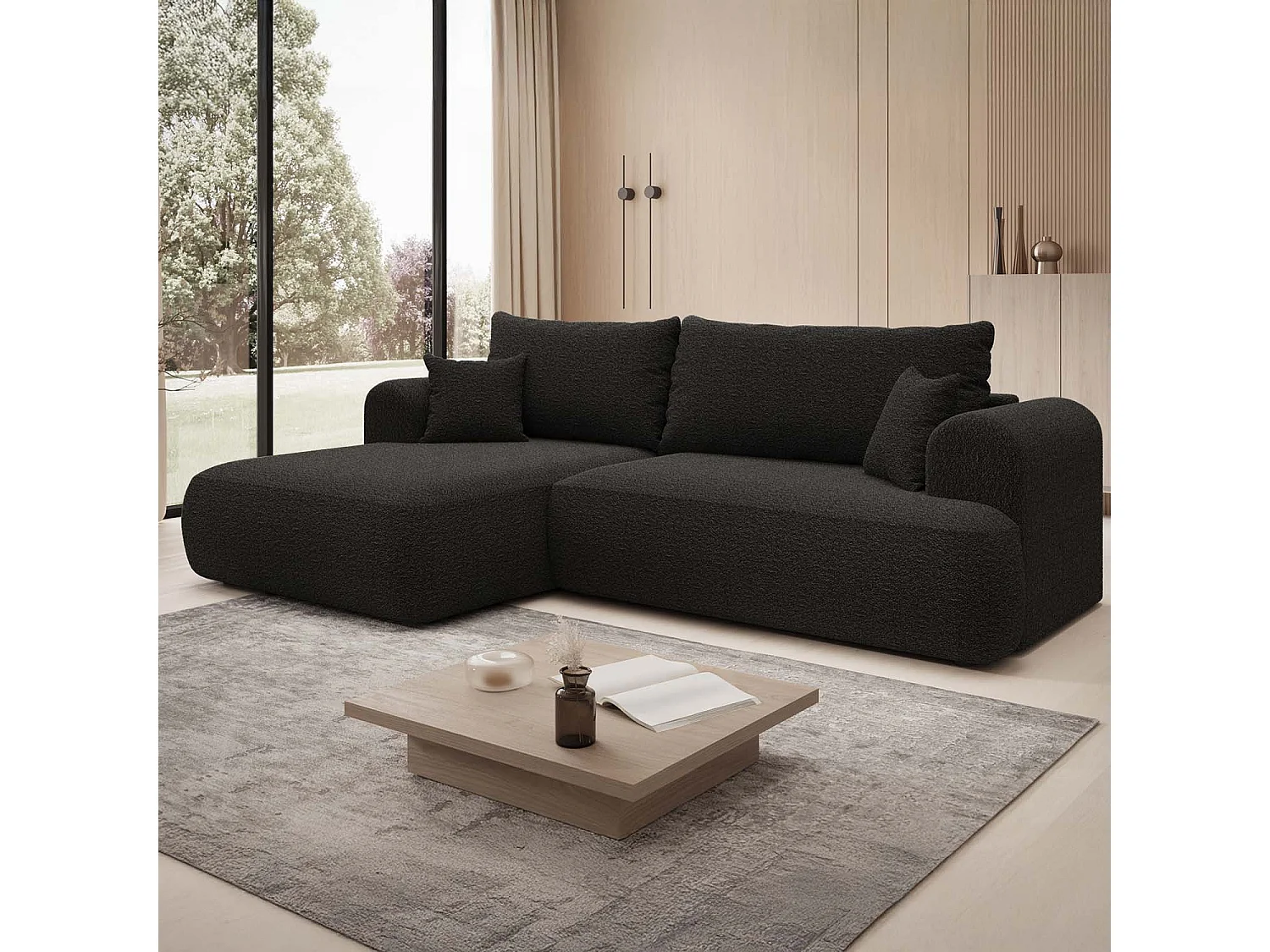 Canapé d'angle gauche convertible Velaro Bouclette Noir