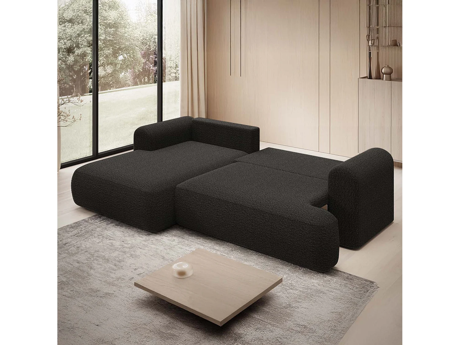 Canapé d'angle gauche convertible Velaro Bouclette Noir