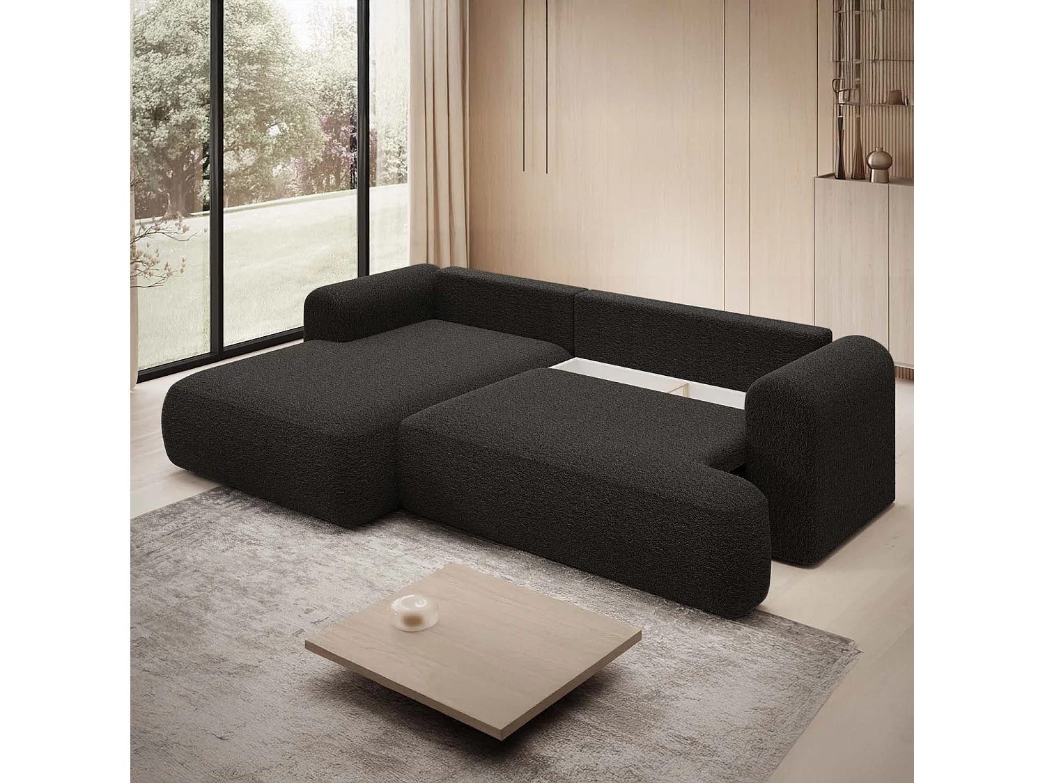 Canapé d'angle gauche convertible Velaro Bouclette Noir