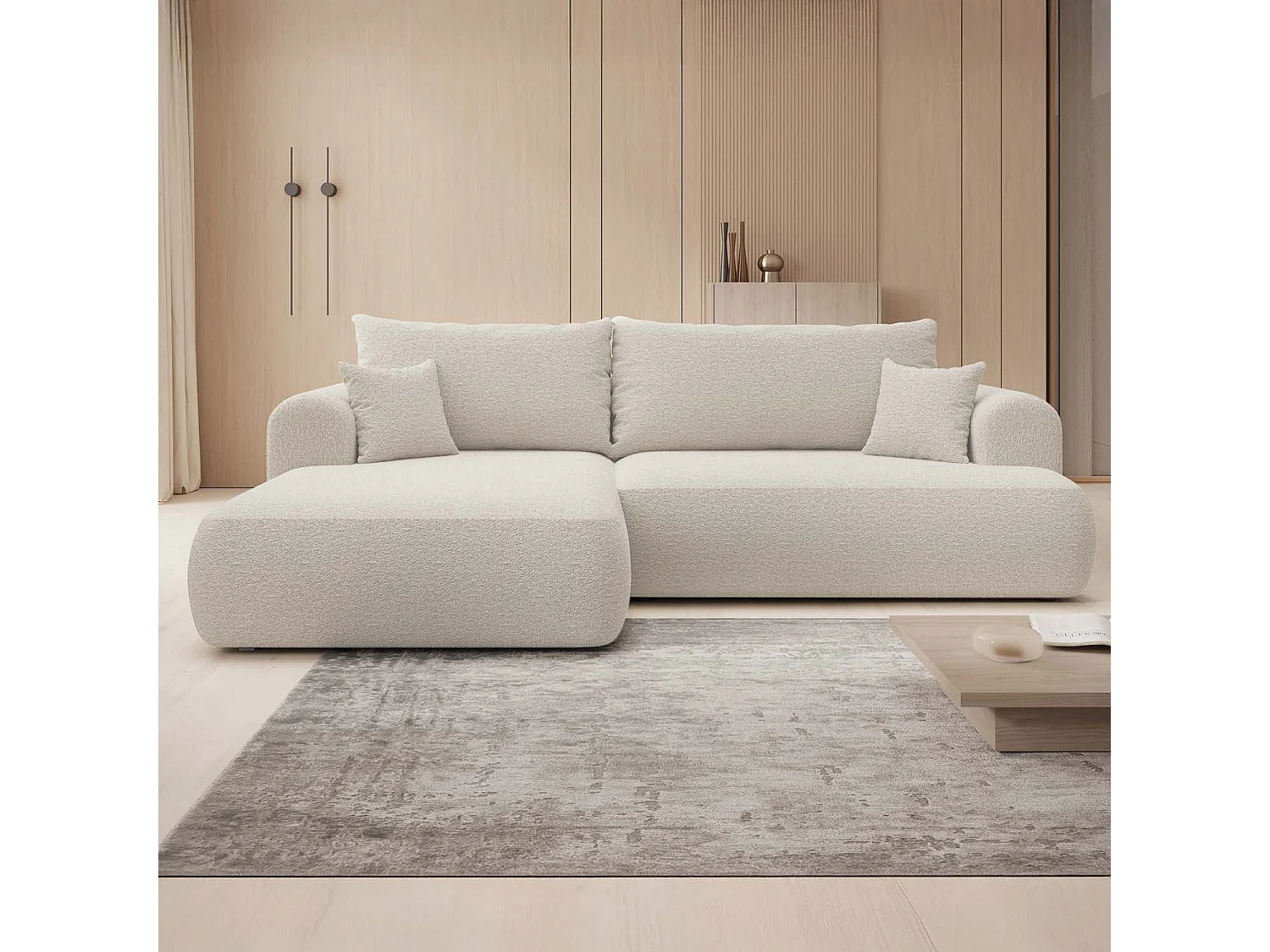 Canapé d'angle gauche convertible Velaro Bouclette Beige