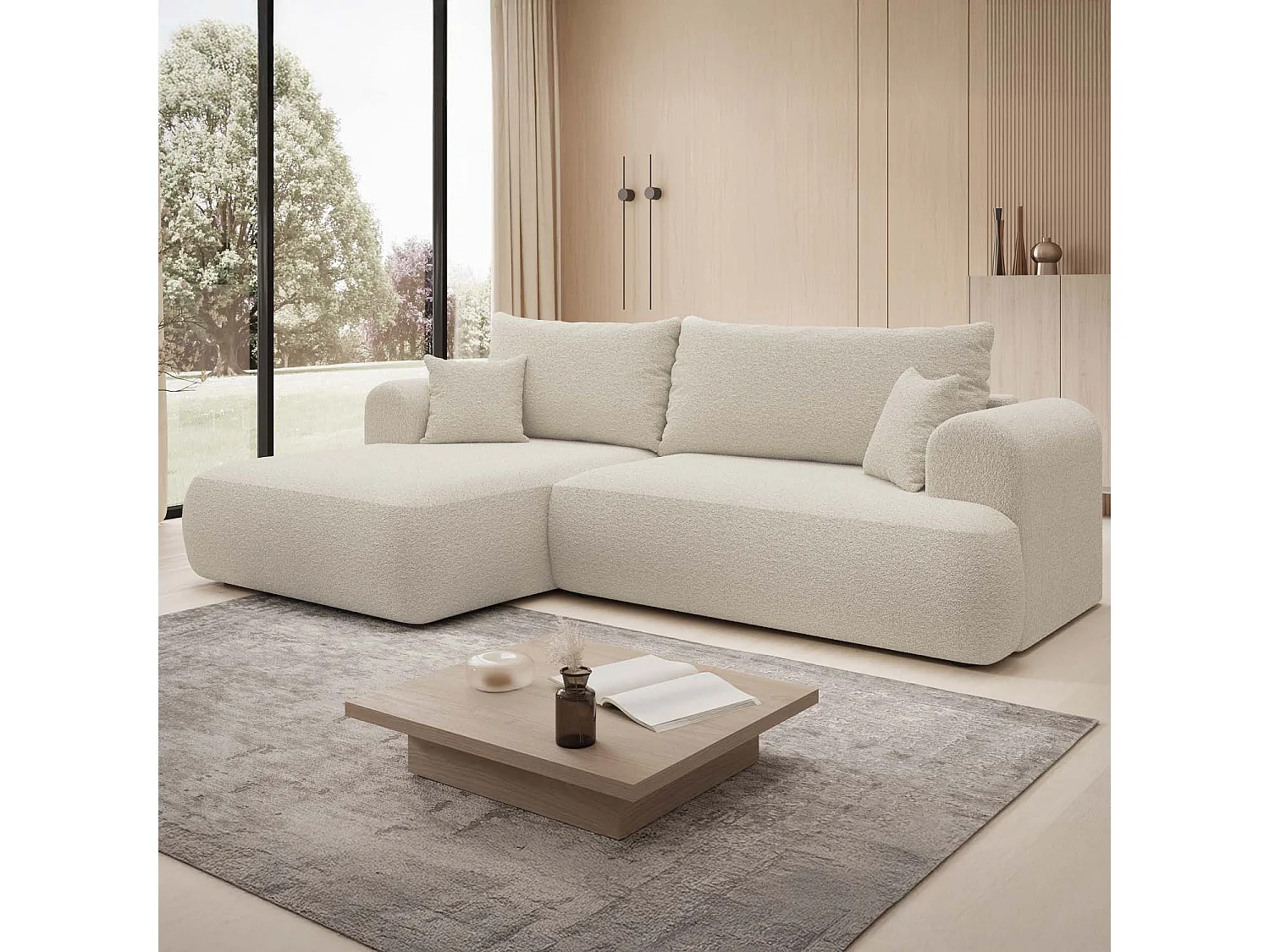 Canapé d'angle gauche convertible Velaro Bouclette Beige