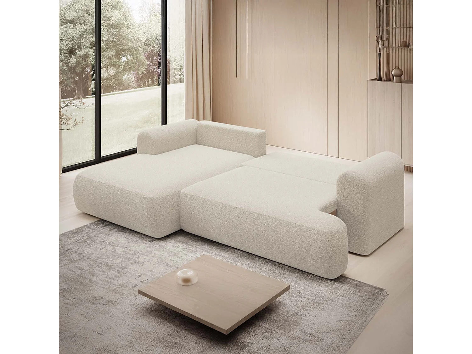 Canapé d'angle gauche convertible Velaro Bouclette Beige