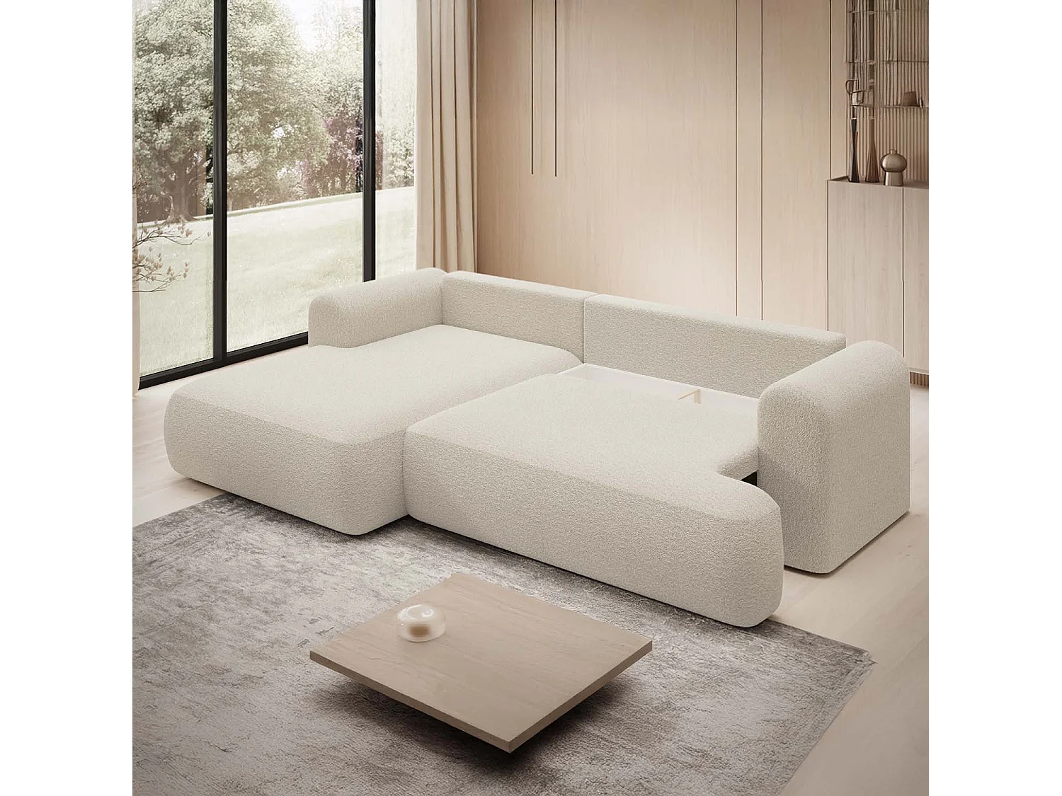 Canapé d'angle gauche convertible Velaro Bouclette Beige