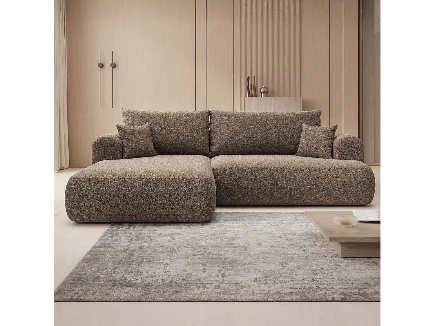 Canapé d'angle gauche convertible Velaro Bouclette Taupe