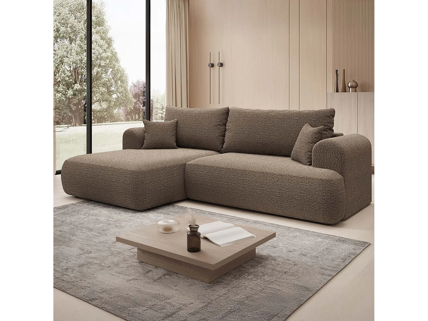 Canapé d'angle gauche convertible Velaro Bouclette Taupe