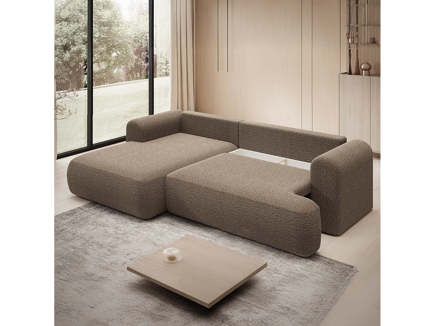 Canapé d'angle gauche convertible Velaro Bouclette Taupe