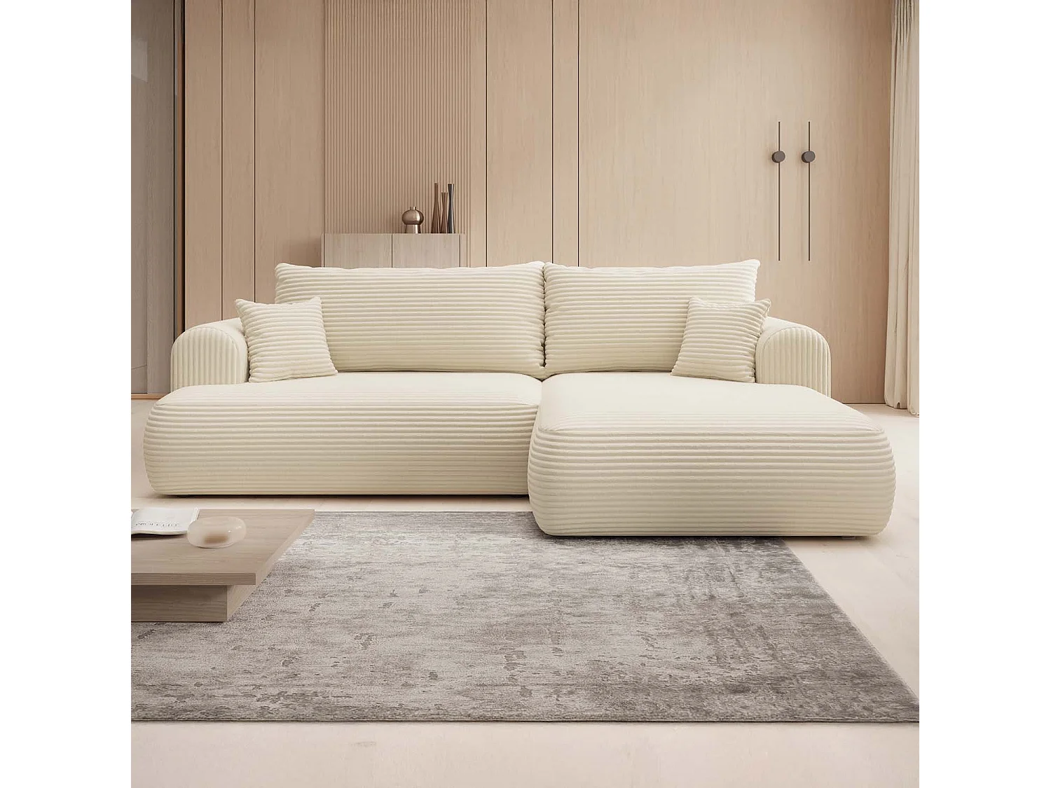 Canapé d'angle droit convertible Velaro velours côtelé Beige