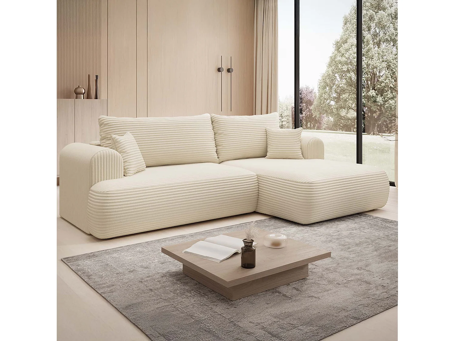 Canapé d'angle droit convertible Velaro velours côtelé Beige