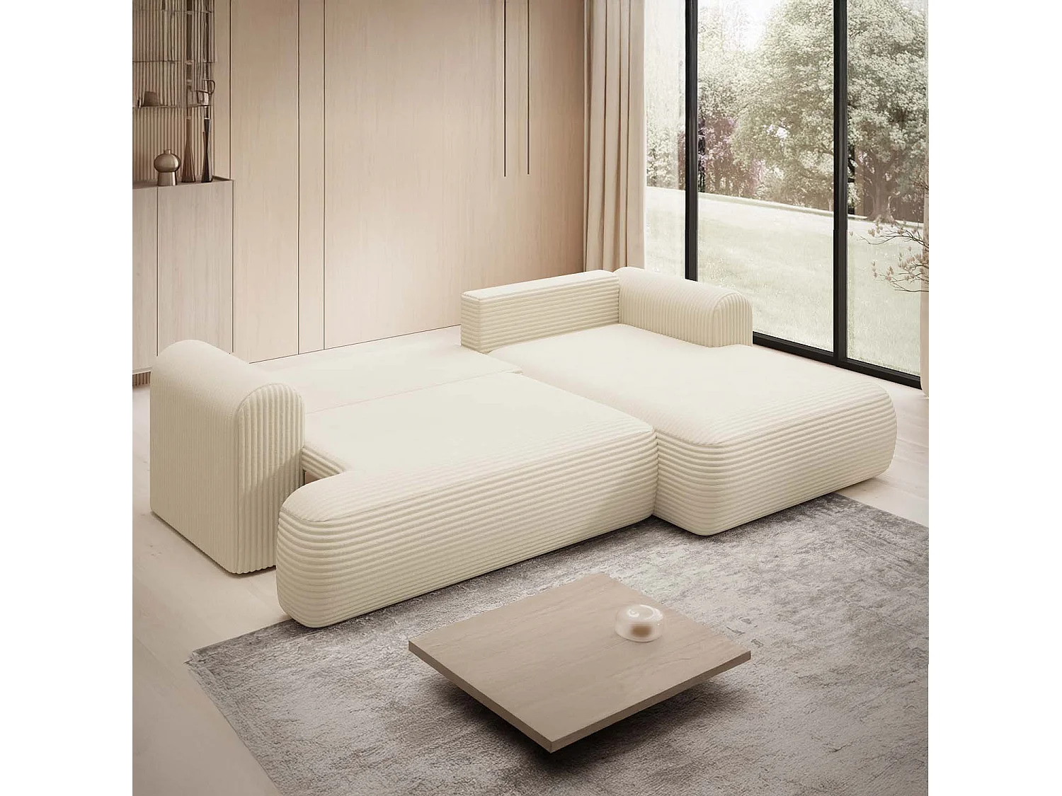 Canapé d'angle droit convertible Velaro velours côtelé Beige