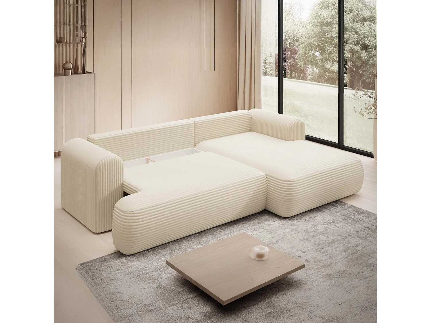 Canapé d'angle droit convertible Velaro velours côtelé Beige