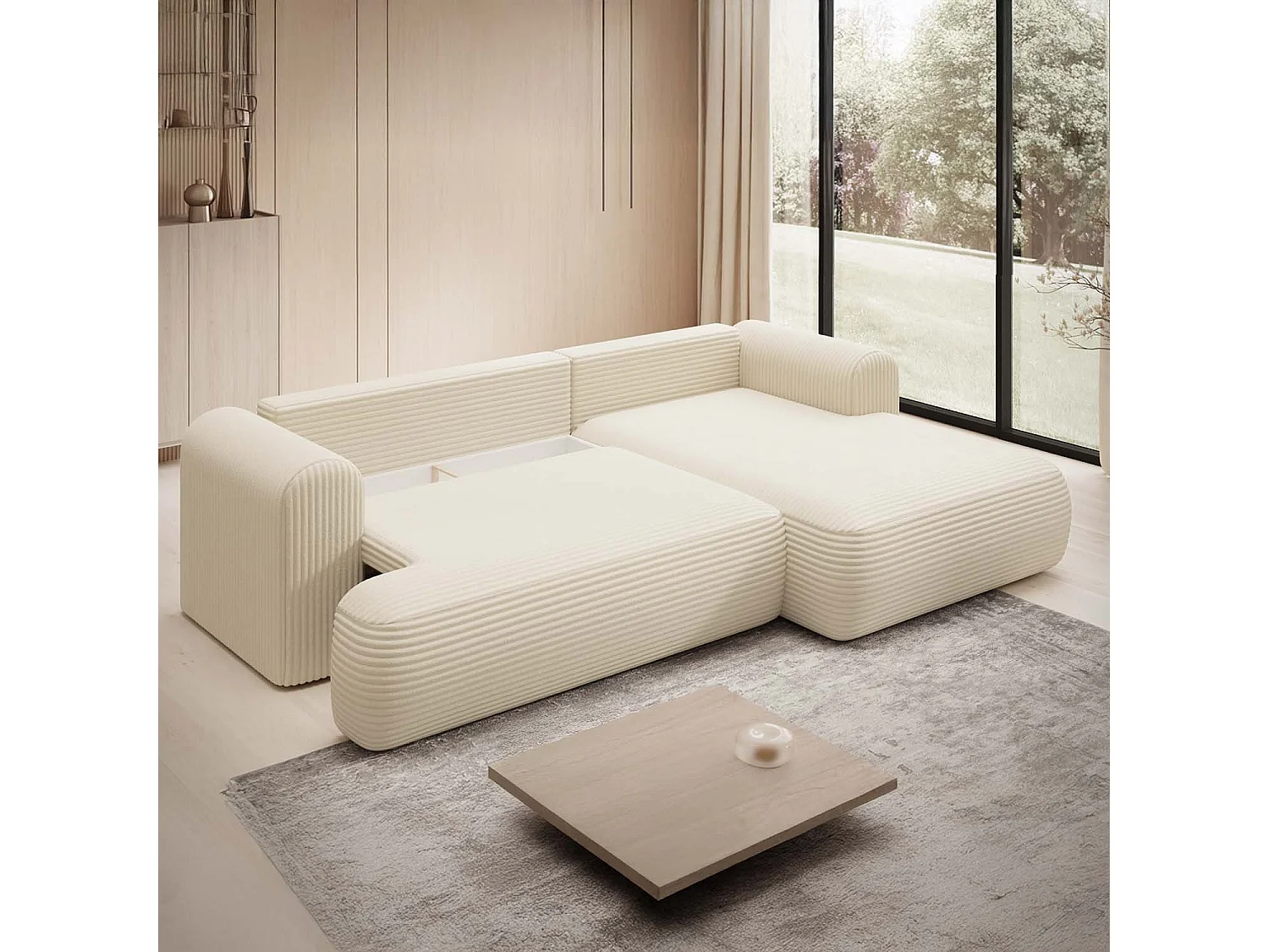 Canapé d'angle droit convertible Velaro velours côtelé Beige