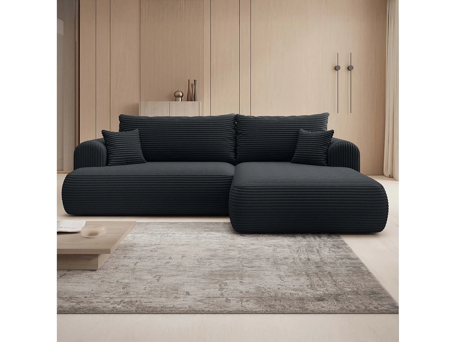 Canapé d'angle droit convertible Velaro velours côtelé Noir