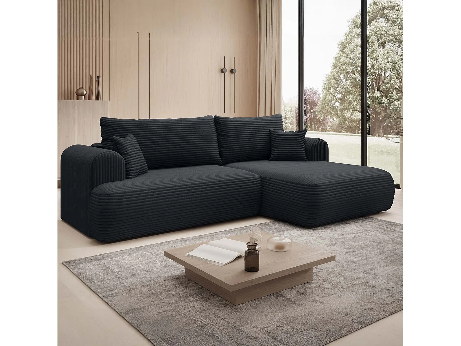 Canapé d'angle droit convertible Velaro velours côtelé Noir