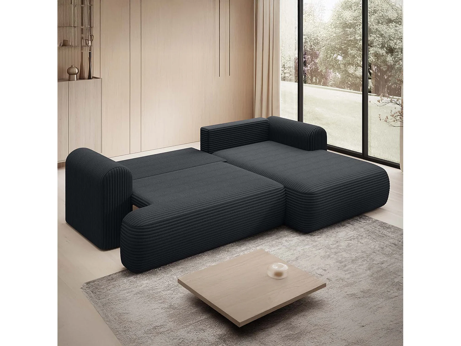 Canapé d'angle droit convertible Velaro velours côtelé Noir