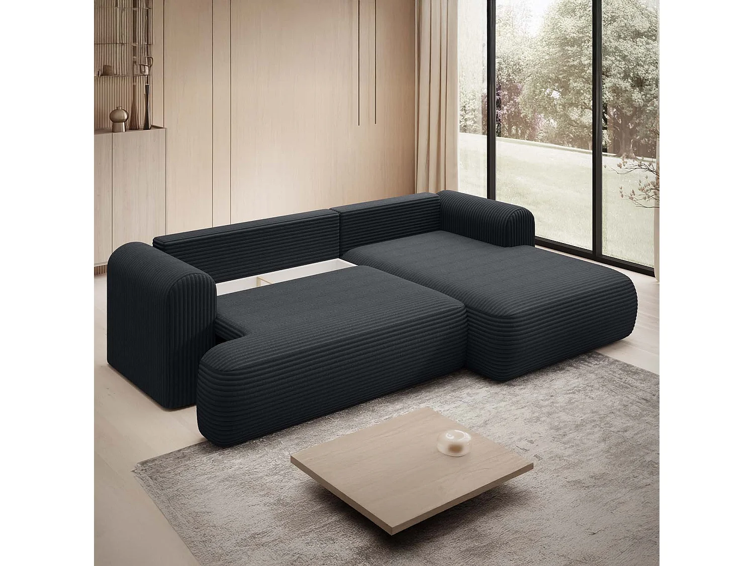 Canapé d'angle droit convertible Velaro velours côtelé Noir