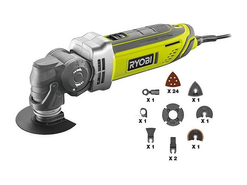 Kabelgebundenes Multifunktionswerkzeug RYOBI 300W RMT300-SA mit 5-fach schwenkbarem Kopf + 2 Klingen + komplettes Zubehör