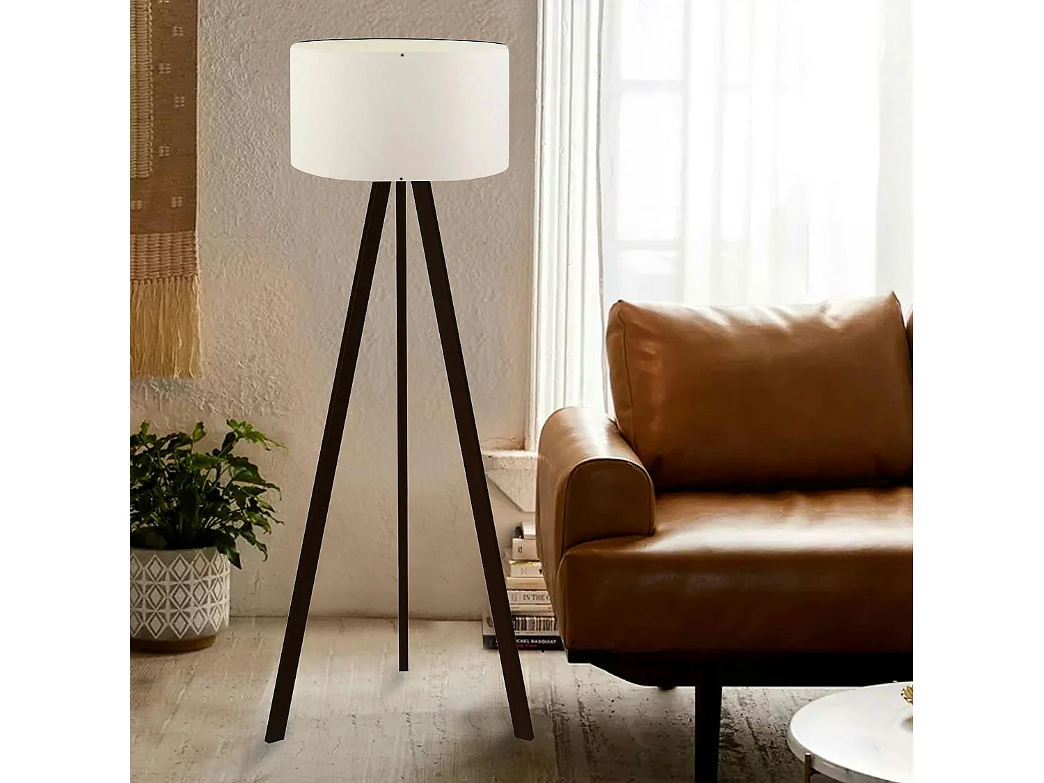 Lampadaire trépied moderne noir, abat-jour blanc KILIS