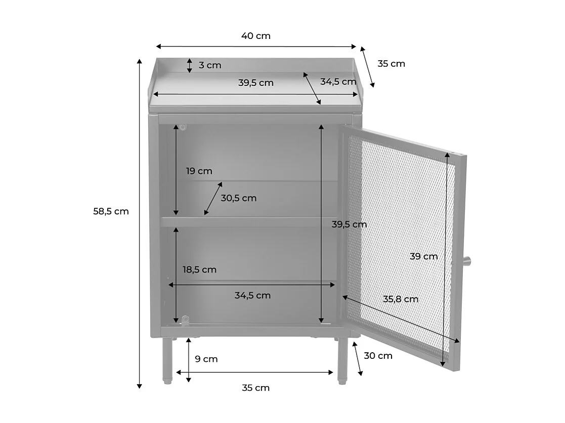 Table de chevet industrielle métal crème 1 porte grillagée. 40 x 37 x 58.5 cm - Ohio