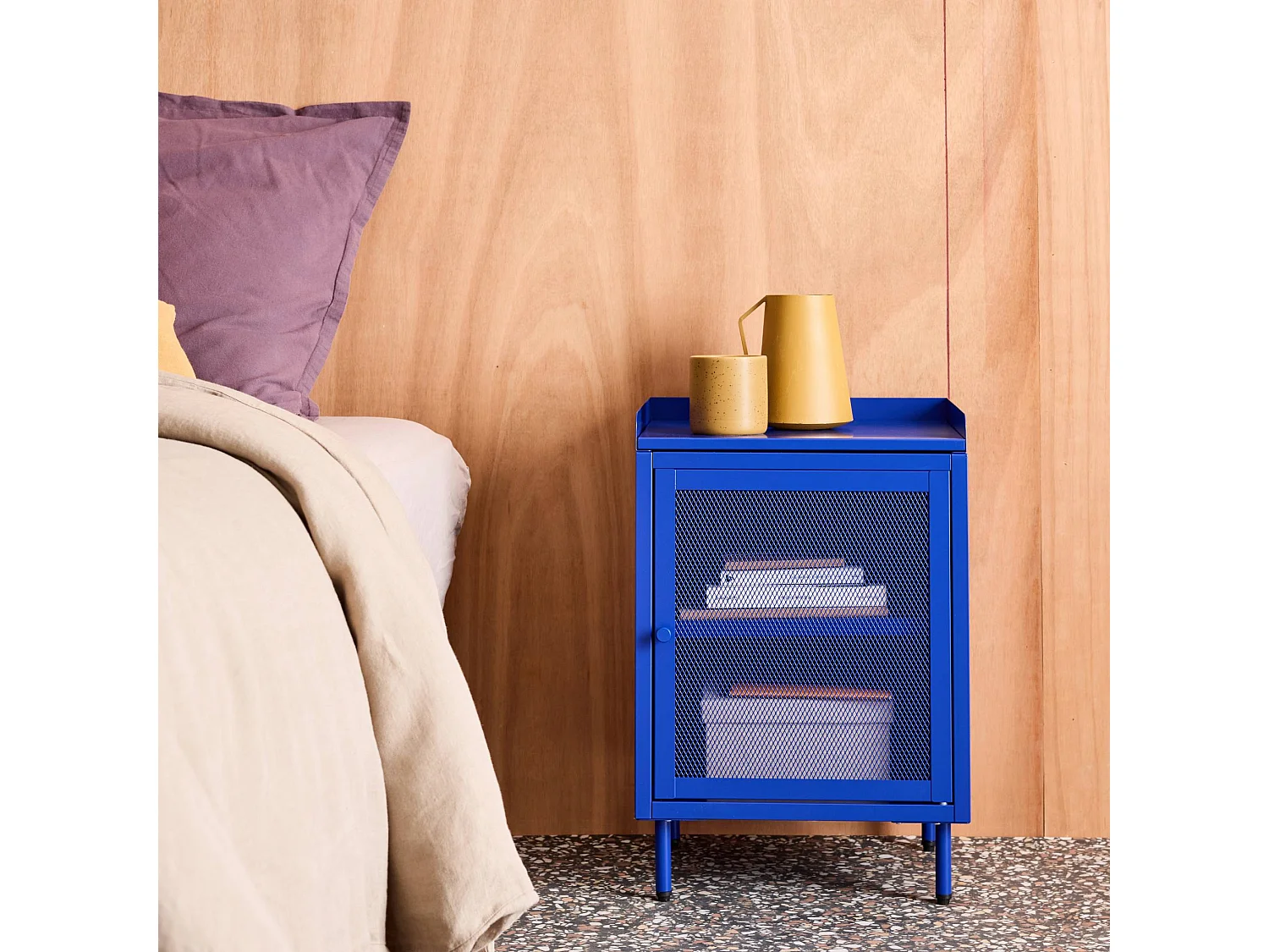 Comodino industriale in metallo 1 anta, blu