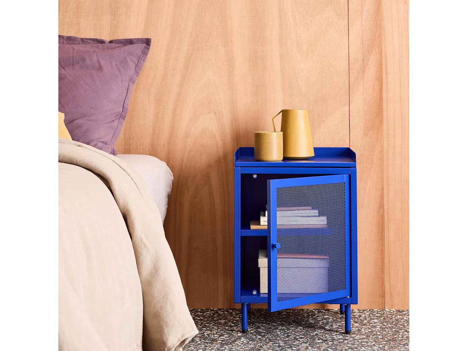 Comodino industriale in metallo 1 anta, blu