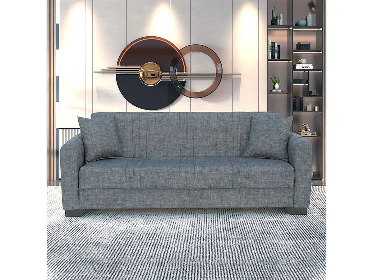 Canapé-lit 3 places clic-clac avec rangement, Revêtement en tissu gris ​​- Longueur 215 x Hauteur 85 x Profondeur 84 cm