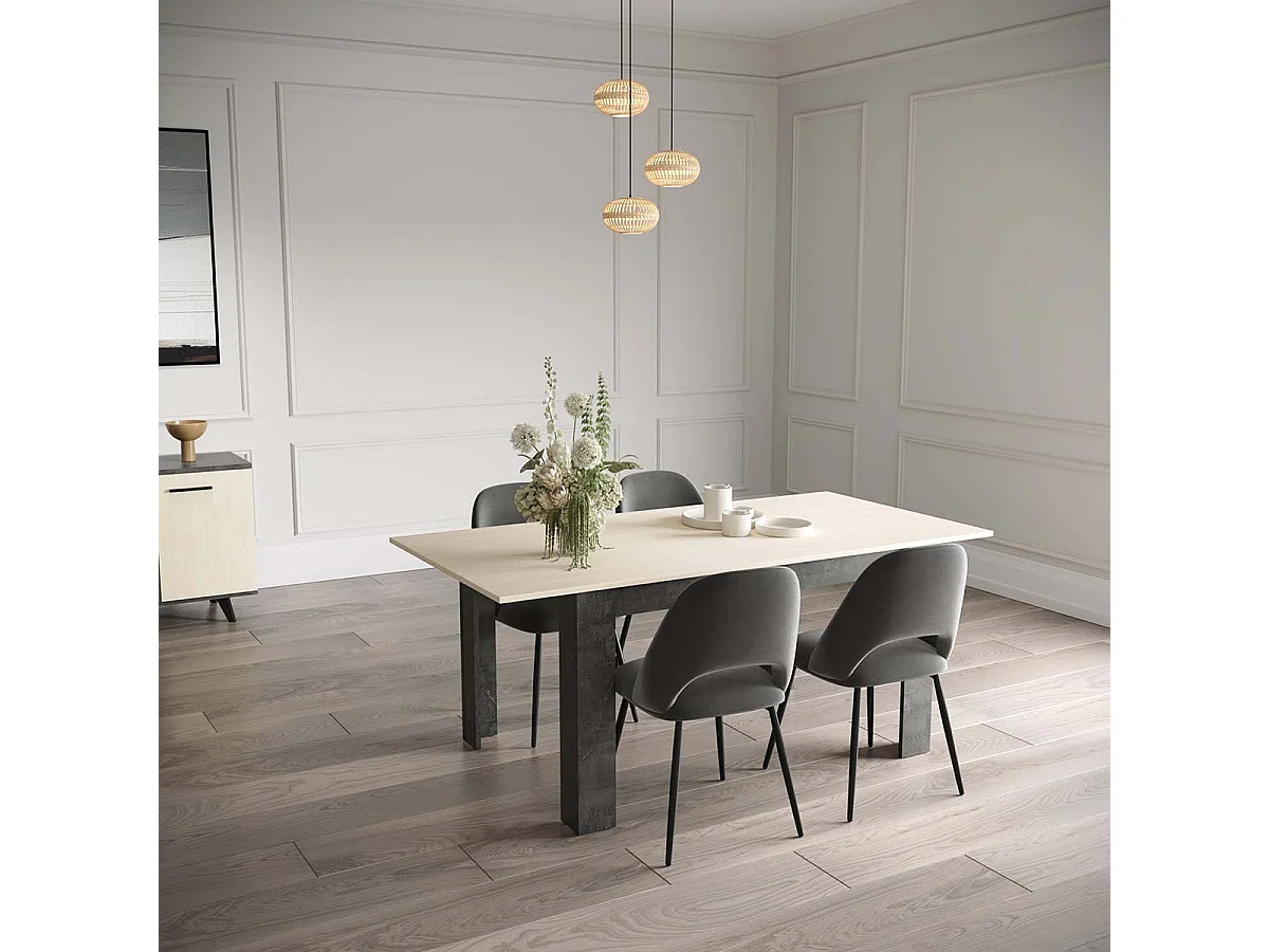 Table à manger extensible couleur chêne / anthracite - Largeur 155/205 x Profondeur 90 x Hauteur 73,8 cm