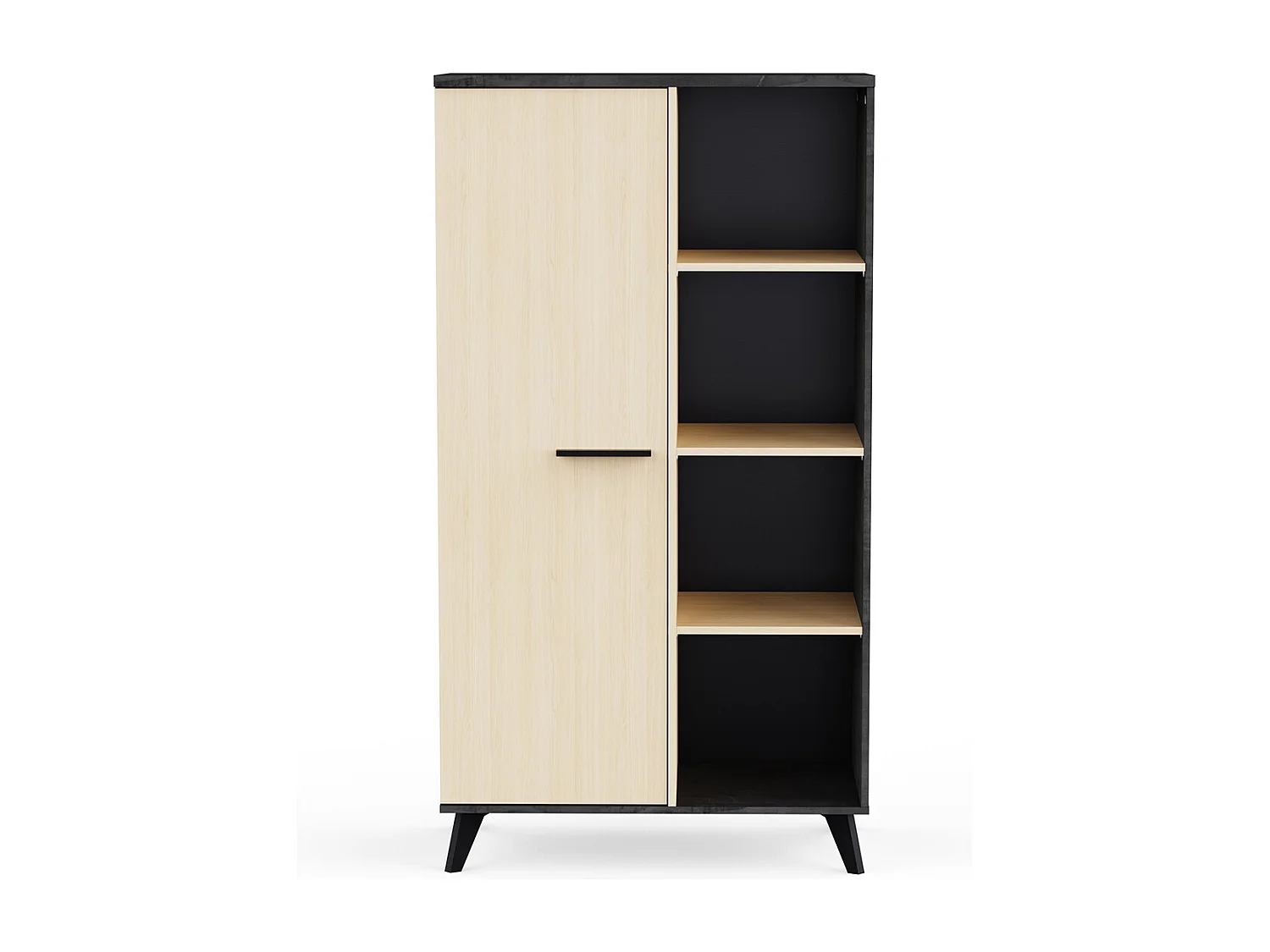 Buffet haut meuble de rangement 1 porte 4 niches couleur chêne / anthracite - Largeur 83 x Profondeur 39,2 x Hauteur 153,9 cm