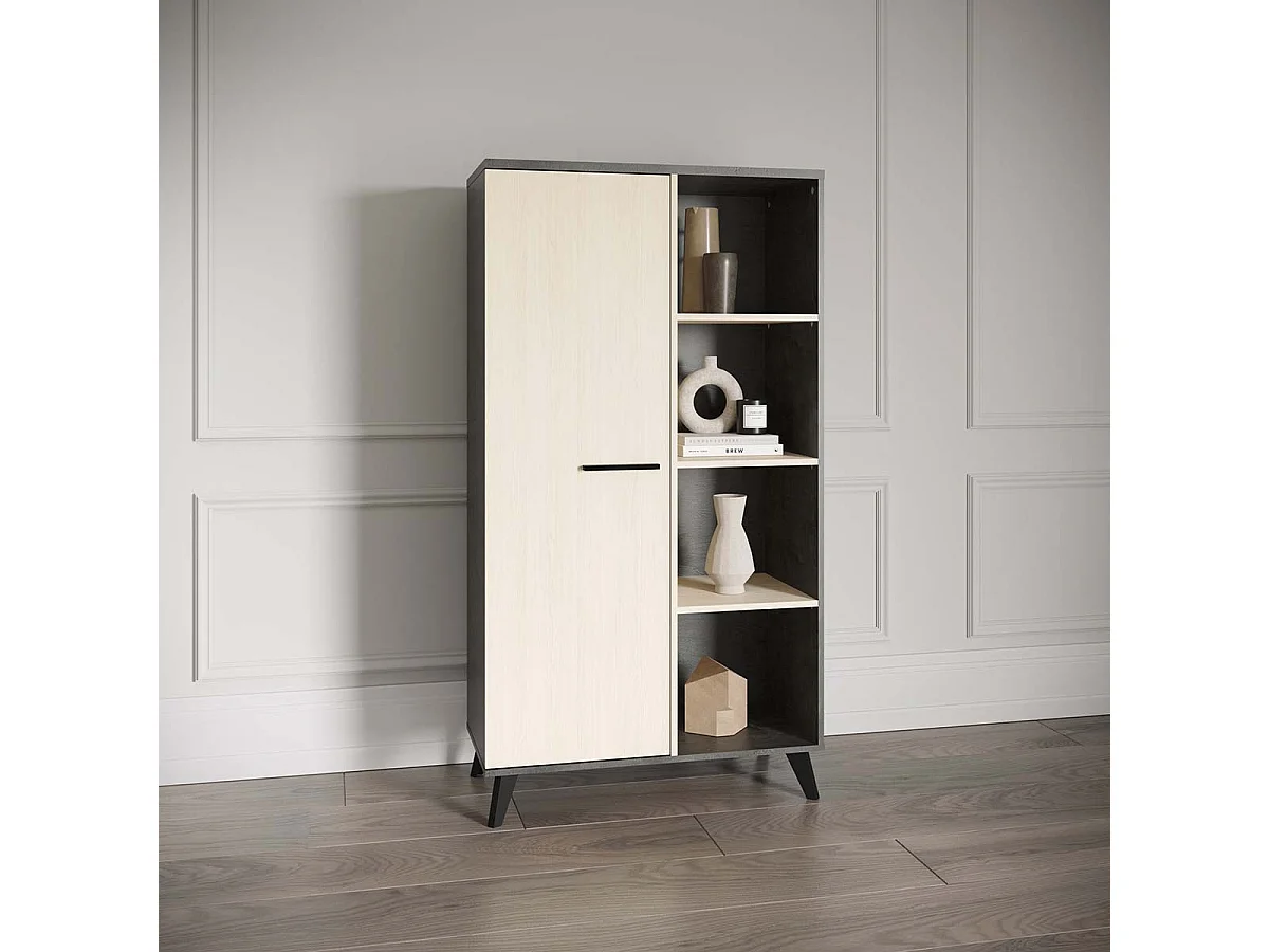 Buffet haut meuble de rangement 1 porte 4 niches couleur chêne / anthracite - Largeur 83 x Profondeur 39,2 x Hauteur 153,9 cm