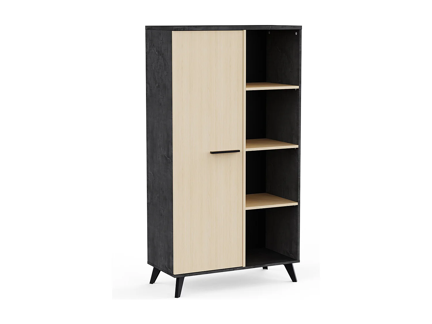 Buffet haut meuble de rangement 1 porte 4 niches couleur chêne / anthracite - Largeur 83 x Profondeur 39,2 x Hauteur 153,9 cm