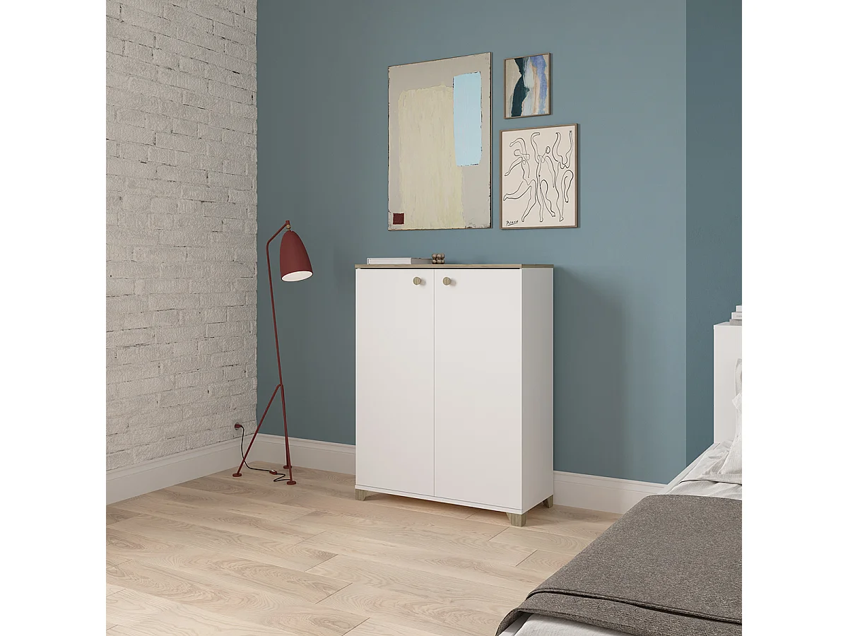 Meuble de rangement 2 portes 2 étagères couleur chêne / blanc mat - Largeur 79,7 x Profondeur 35,1 x Hauteur 104,2 cm