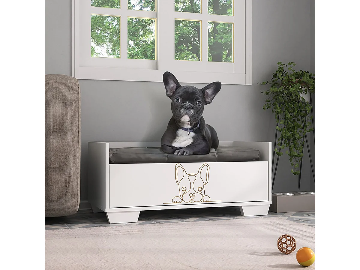 Lit pour chien coloris blanc avec tiroir - Longueur 80 x Hauteur 35 x Profondeur 40 cm