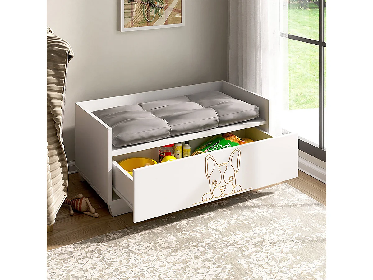 Lit pour chien coloris blanc avec tiroir - Longueur 80 x Hauteur 35 x Profondeur 40 cm