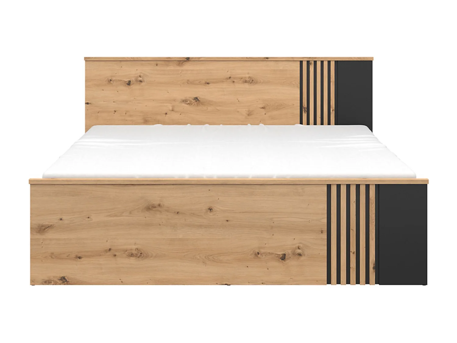 Lit double 160x200 cm lit avec lattes décoratives, coloris Chêne artisan/Noir - Longueur 206,5 x Profondeur 166 x Hauteur 85,5/44,5 cm