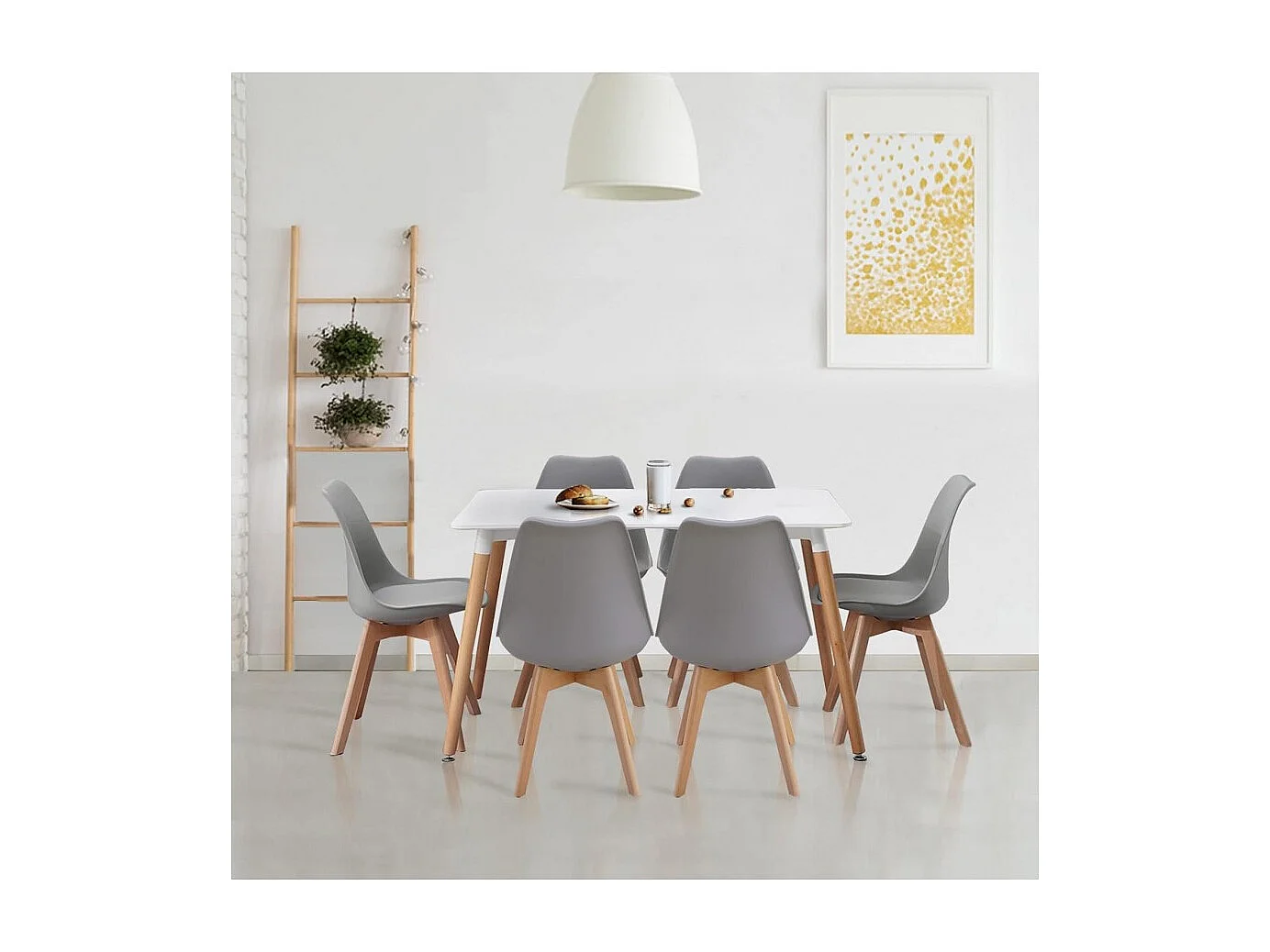 Table à manger rectangulaire scandinave avec plateau blanc et pieds effet bois - Longueur 150 x Profondeur 80 x Hauteur 74,5 cm