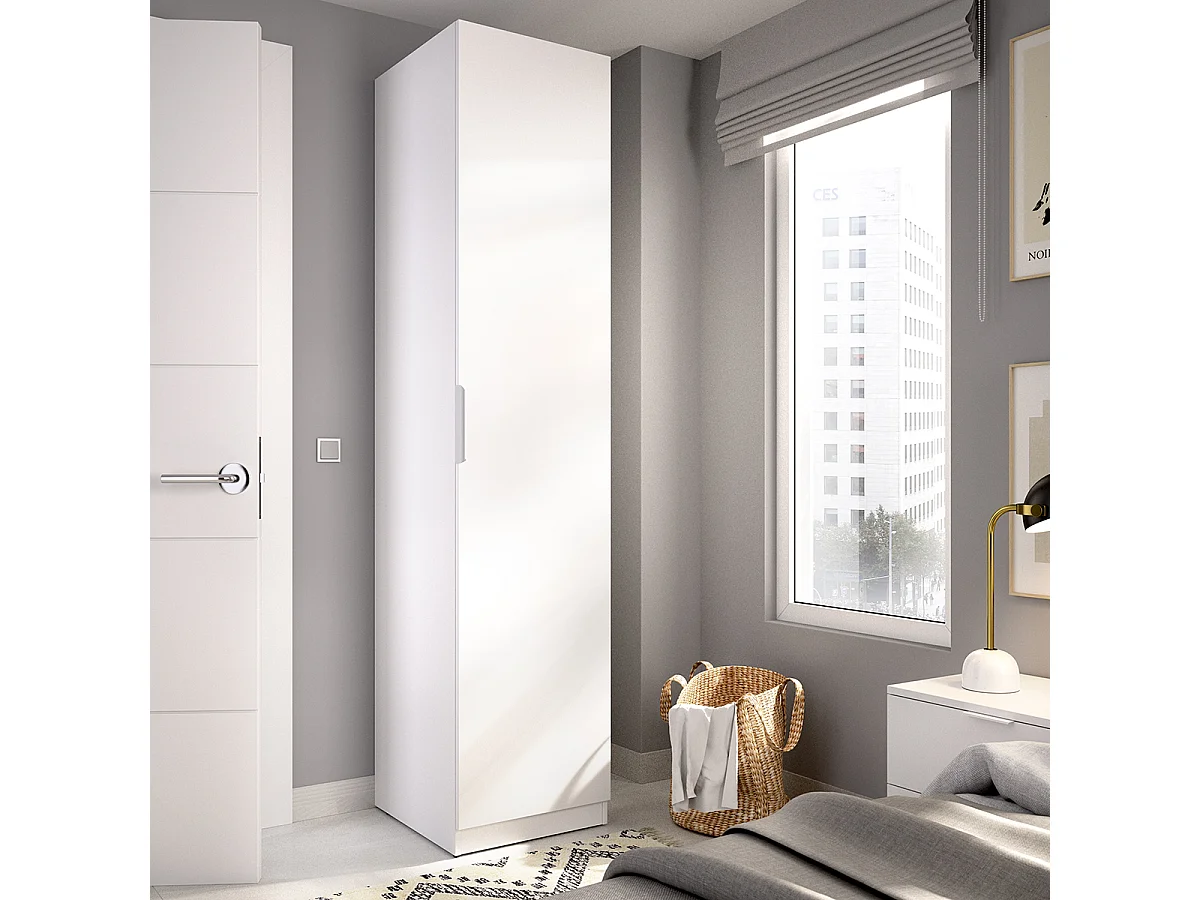 Armoire colonne de rangement  à 1 porte et 2 étagères, coloris blanc - Hauteur 203,5 x Longueur 45,5 x Profondeur 51,4 cm