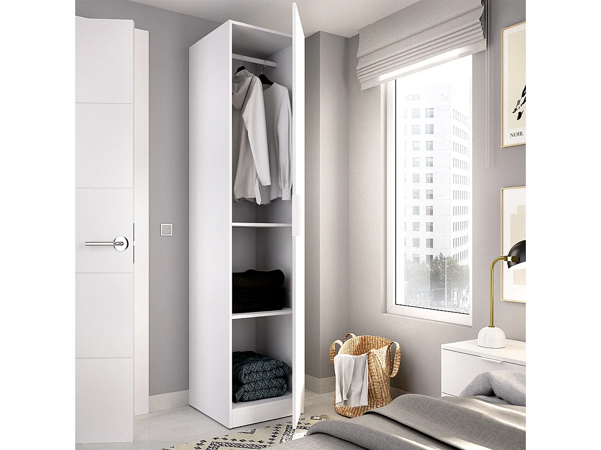 Armoire colonne de rangement  à 1 porte et 2 étagères, coloris blanc - Hauteur 203,5 x Longueur 45,5 x Profondeur 51,4 cm