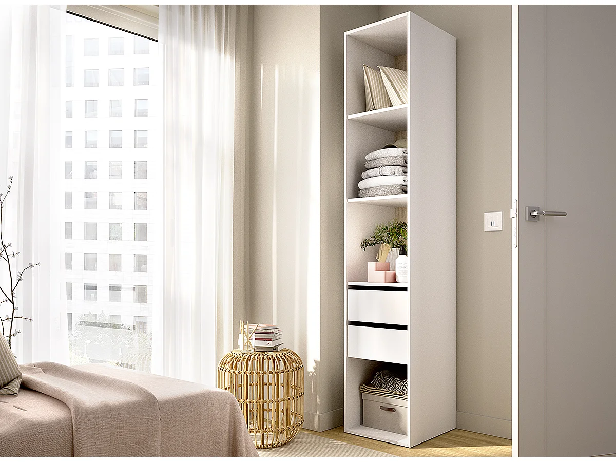 Etagère colonne ouverte avec fond réversible, 4 niches et de 2 tiroirs, coloris blanc/naturel - Hauteur 204,5 x Longueur 45 x Profondeur 45 cm