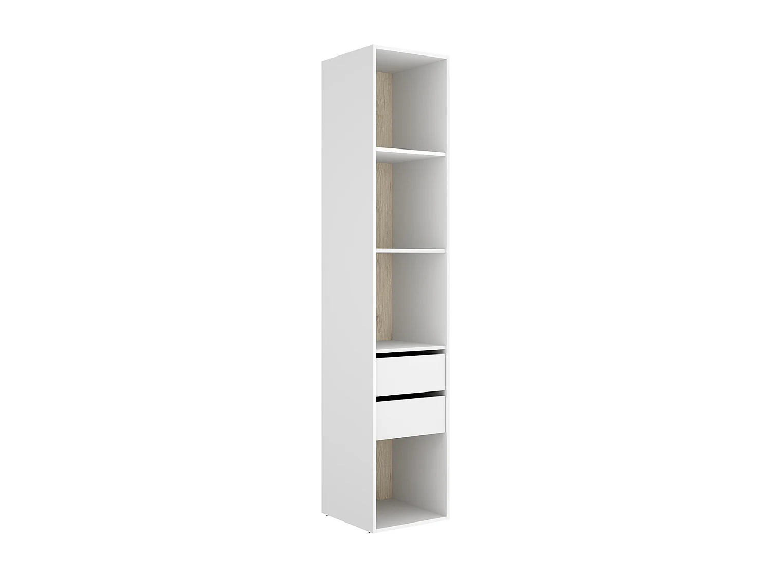 Etagère colonne ouverte avec fond réversible, 4 niches et de 2 tiroirs, coloris blanc/naturel - Hauteur 204,5 x Longueur 45 x Profondeur 45 cm