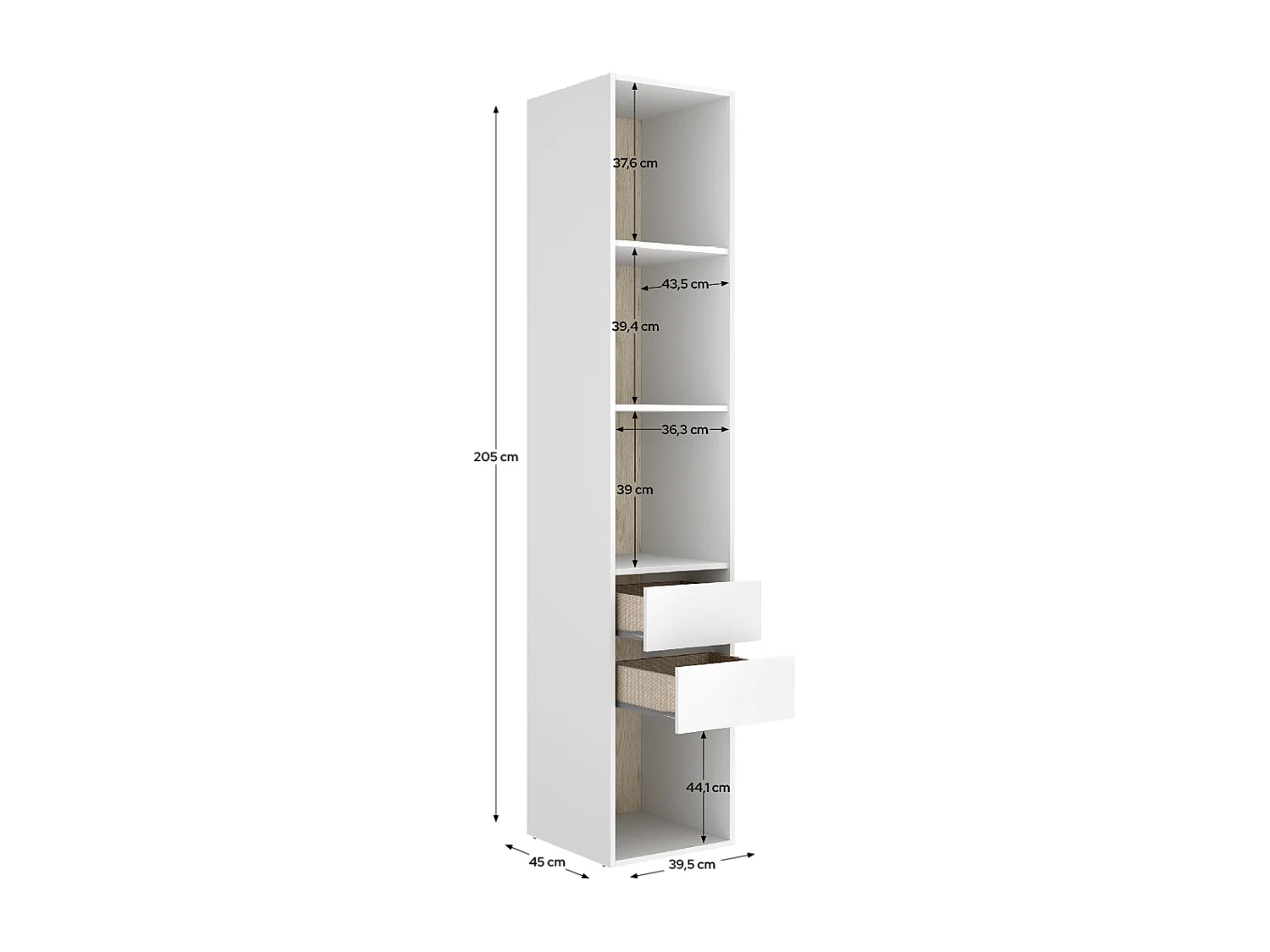 Etagère colonne ouverte avec fond réversible, 4 niches et de 2 tiroirs, coloris blanc/naturel - Hauteur 204,5 x Longueur 45 x Profondeur 45 cm