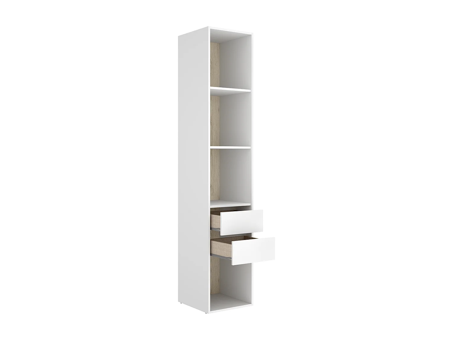 Etagère colonne ouverte avec fond réversible, 4 niches et de 2 tiroirs, coloris blanc/naturel - Hauteur 204,5 x Longueur 45 x Profondeur 45 cm