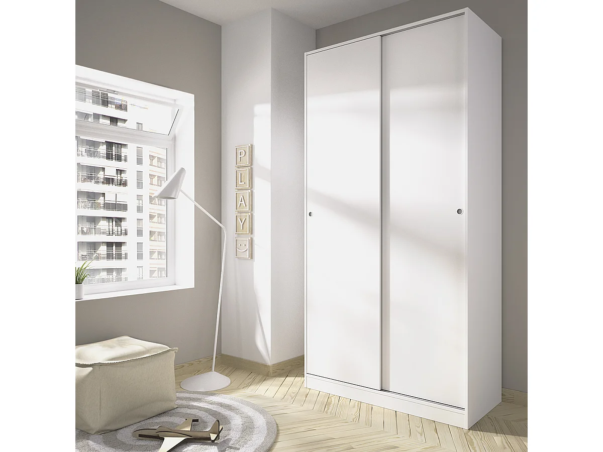 Armoire placard de rangement à 2 portes coulissantes, coloris blanc - Hauteur 204 x Longueur 100 x Profondeur 50 cm